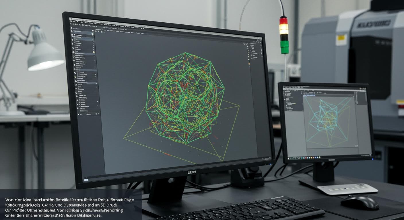 Nahaufnahme eines hochpräzisen CAD-Modells auf einem Computerbildschirm, visualisiert in 3D, mit Fokus auf geometrische Details, magazin-qualität, keine Schriften