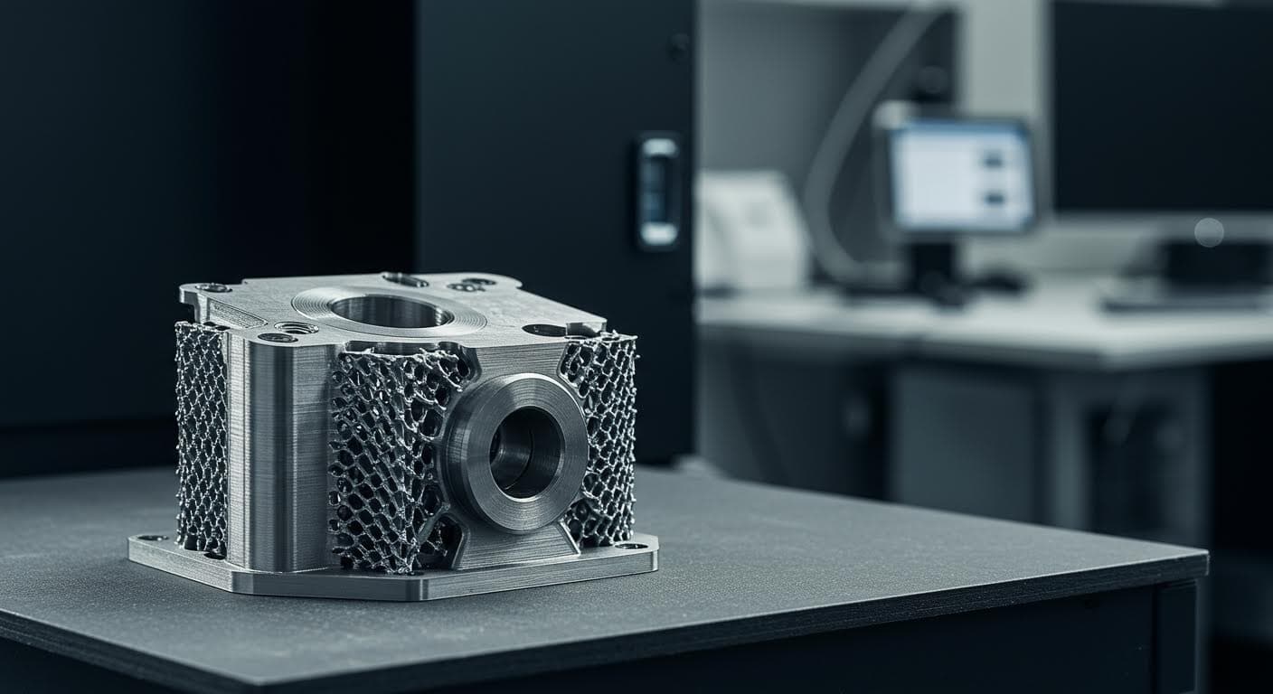 Fertiges 3D-gedrucktes Metallteil, isoliert auf neutralem Hintergrund, detaillierte Oberflächenstruktur sichtbar, professionelle Beleuchtung, textfrei