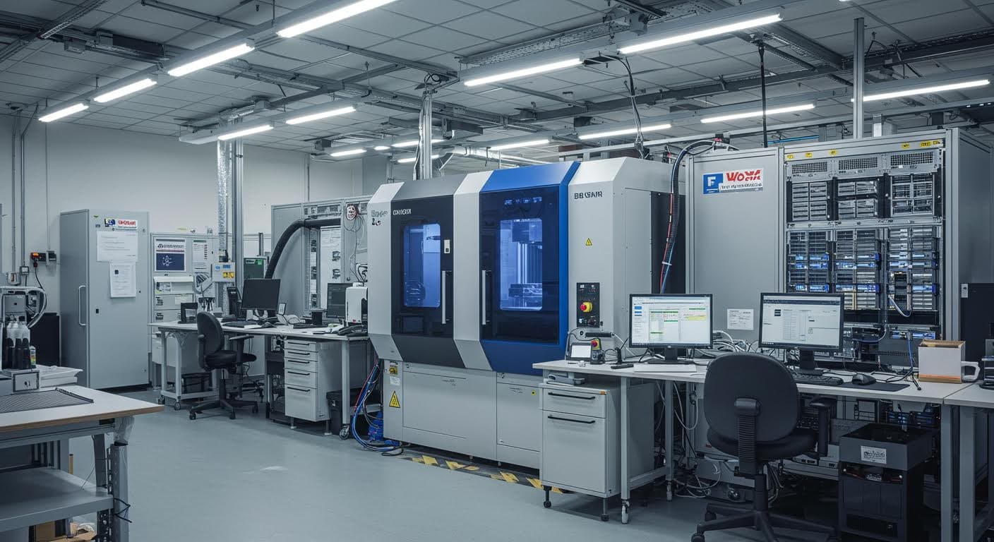 Industrielle Szene mit Servern und Datenverarbeitungsequipment in einem Fertigungsraum, Fokus auf Technologie, hochauflösend, ohne Beschriftungen