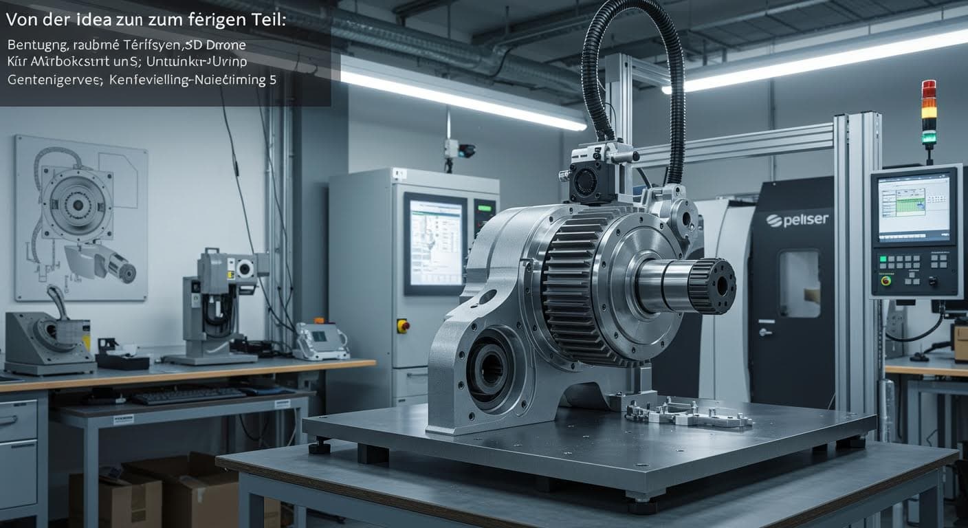 Prototyp eines additiv gefertigten Produkts, wie ein mechanisches Getriebe, in einer Werkbank-Umgebung, reine visuelle Darstellung, keine Logos