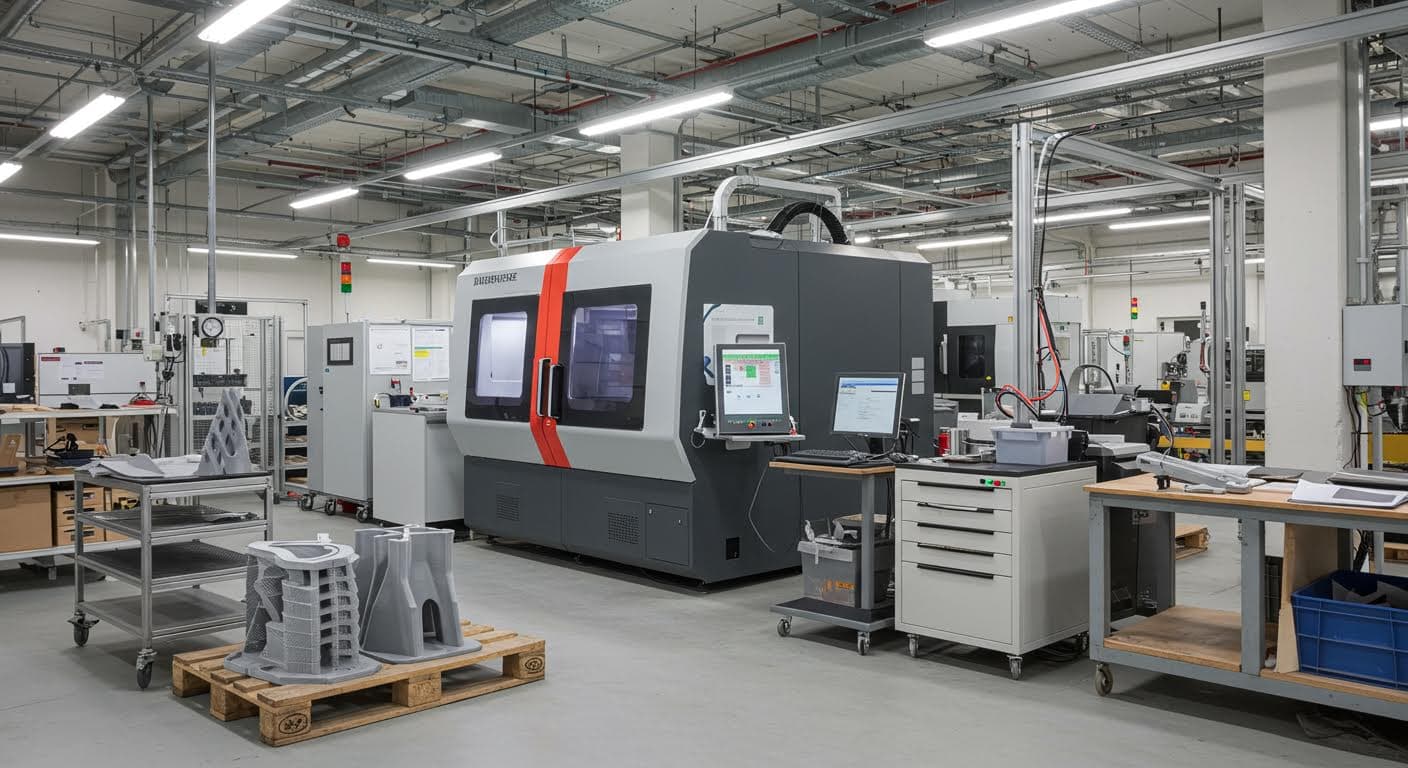 Überblick über eine Fabrikhalle mit 3D-Druck-Maschinen und Bauteilen, dynamische Komposition, professionelle Fotografie, textlos