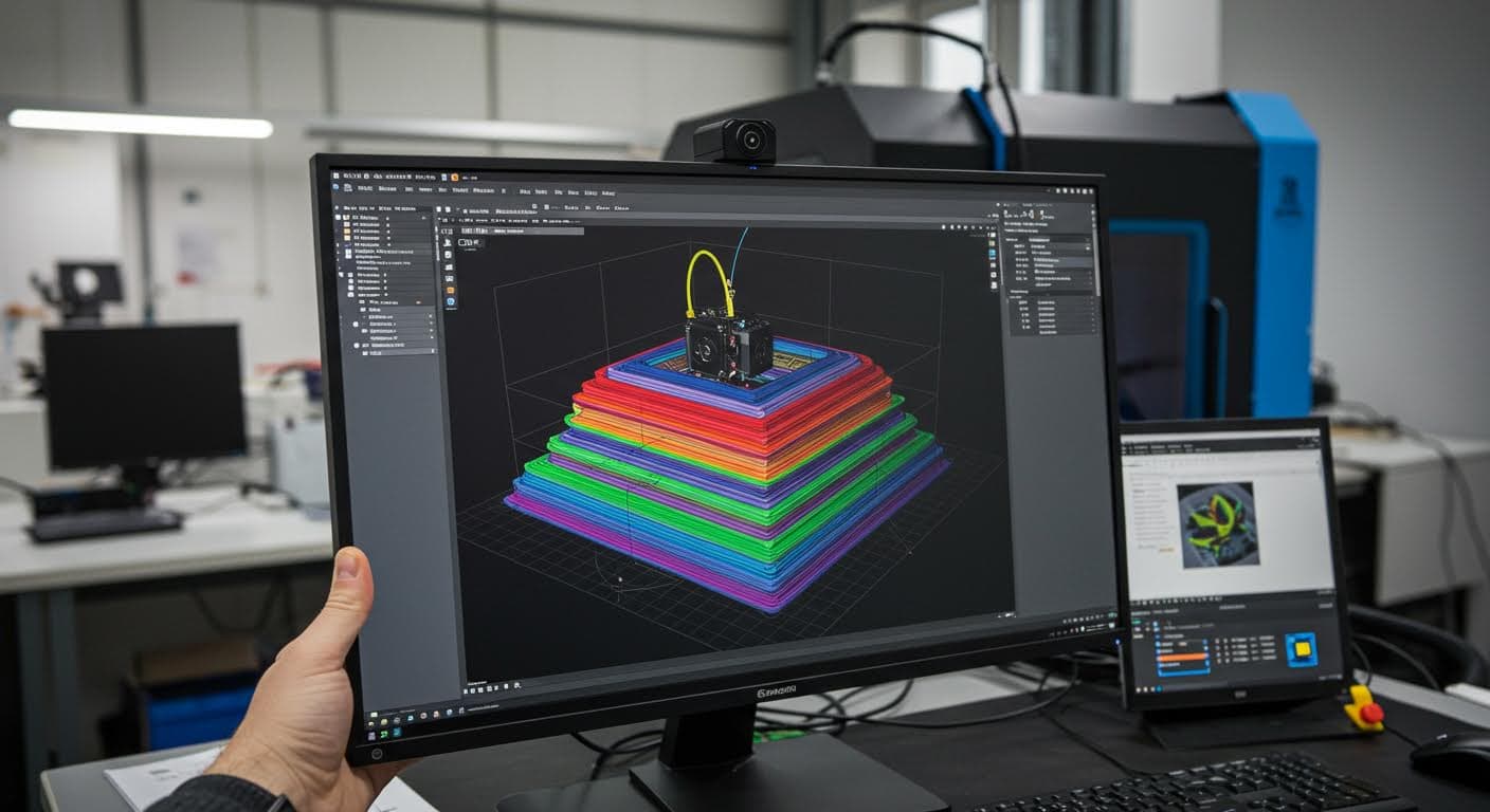 Detailaufnahme einer schichtweisen 3D-Druck-Simulation auf einem Bildschirm, ohne Text