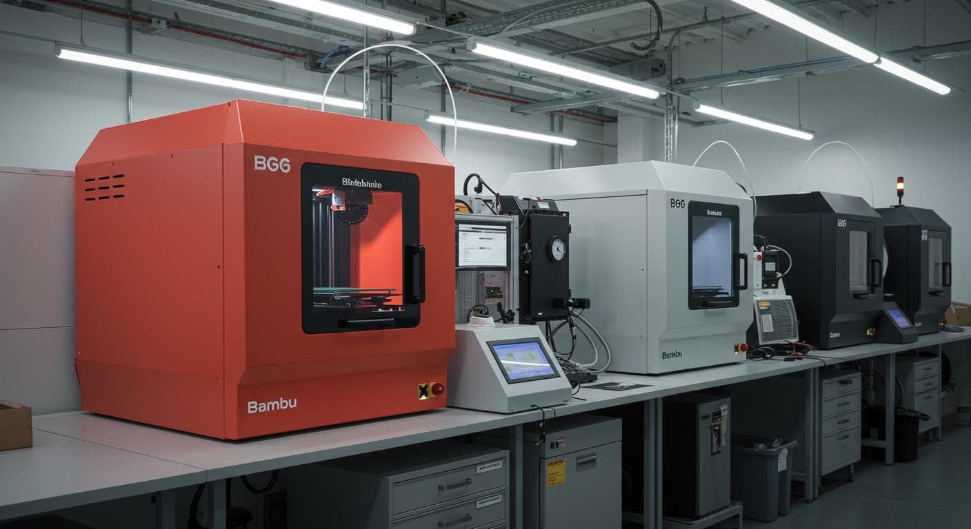 Industrieumgebung mit mehreren Bambu Lab-Druckern, fokussiert auf Technologie